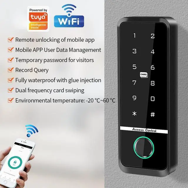 Alt view image 3 of 7 - WiFi Access Control Keyboard Fingerprint Door Lock 125Khz EM+13.56Mhz MF RFID Card Reader Controler Keypad Intercom System,Smart Lock Electronic System Work with Tuya App Control Waterproof IP67