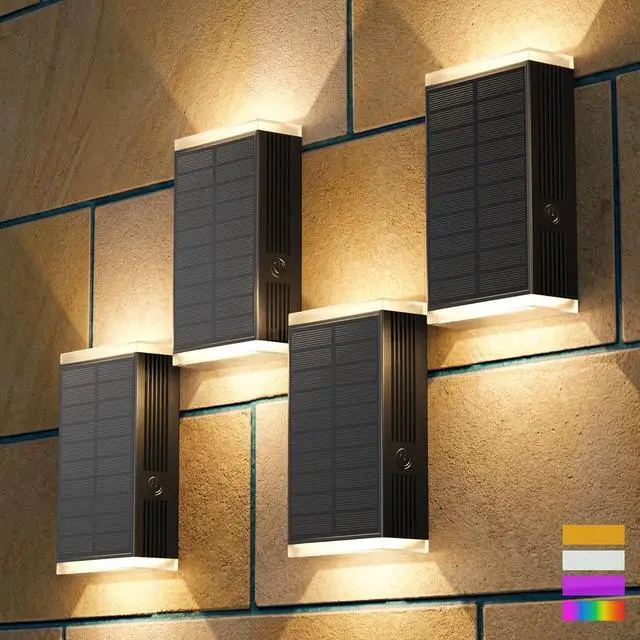 Main image of 4Pack Solar Wall Lights Outdoor, 13 Modes Dusk to Dawn Up Down Wall Sconce | Focused Beam 3CCT+RGB 13Colors Changing IP67 Waterproof LED Solar Lights Outdoor for House,Front Door,Garage,Patio,Porch