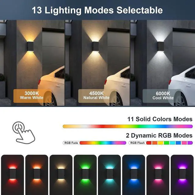 Alt view image 3 of 7 - 4Pack Solar Wall Lights Outdoor, 13 Modes Dusk to Dawn Up Down Wall Sconce | Focused Beam 3CCT+RGB 13Colors Changing IP67 Waterproof LED Solar Lights Outdoor for House,Front Door,Garage,Patio,Porch