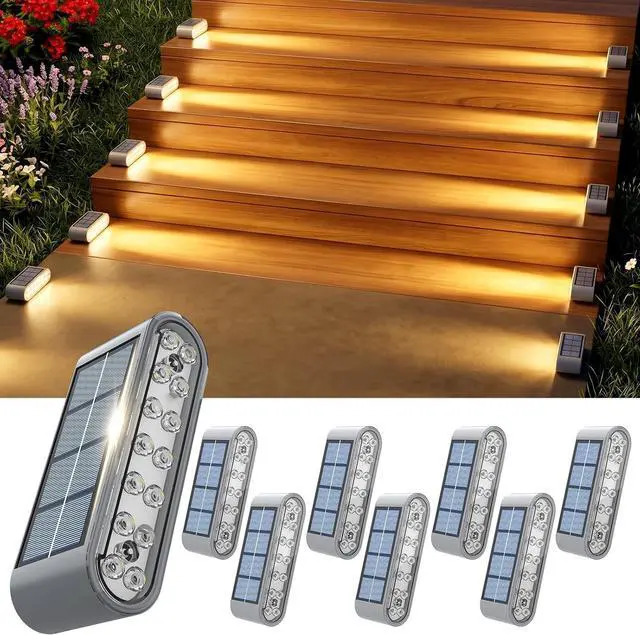 Main image of Solar Step Lights Outdoor Waterproof, 8 Pack Solar Stair Lights Outdoor IP67, 14 LED Warm 3000K Outdoor Step Lights, Solar Powered Lighting for Steps, Stairs, Deck, Dock, Patio, Walkway, Porch Step