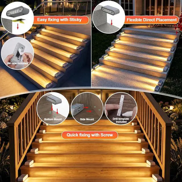 Alt view image 2 of 6 - Solar Step Lights Outdoor Waterproof, 8 Pack Solar Stair Lights Outdoor IP67, 14 LED Warm 3000K Outdoor Step Lights, Solar Powered Lighting for Steps, Stairs, Deck, Dock, Patio, Walkway, Porch Step