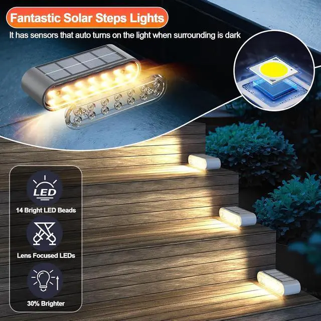 Alt view image 3 of 6 - Solar Step Lights Outdoor Waterproof, 8 Pack Solar Stair Lights Outdoor IP67, 14 LED Warm 3000K Outdoor Step Lights, Solar Powered Lighting for Steps, Stairs, Deck, Dock, Patio, Walkway, Porch Step
