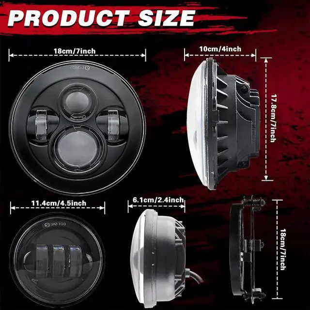 Alt view image 2 of 7 - SKTYANTS 7" Inch LED Headlight Motorcycle Projector with 4.5 Inch Passing fog lights 7" Round Bracket Mounting Ring Adapters Compatible with Road King Road Glide Street Glide Electra GlideBlack