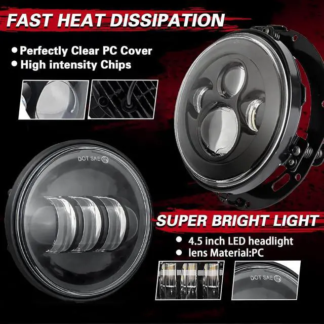 Alt view image 5 of 7 - SKTYANTS 7" Inch LED Headlight Motorcycle Projector with 4.5 Inch Passing fog lights 7" Round Bracket Mounting Ring Adapters Compatible with Road King Road Glide Street Glide Electra GlideBlack