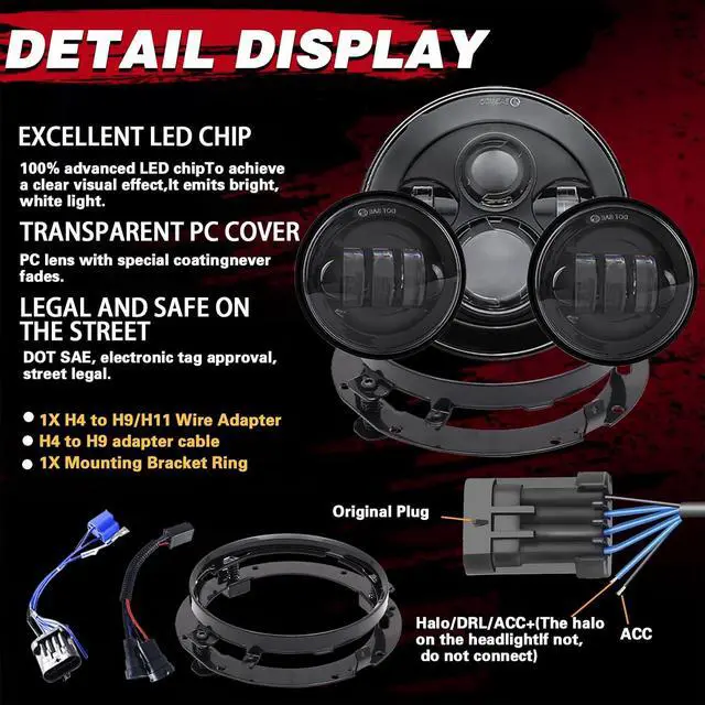 Alt view image 4 of 7 - SKTYANTS 7" Inch LED Headlight Motorcycle Projector with 4.5 Inch Passing fog lights 7" Round Bracket Mounting Ring Adapters Compatible with Road King Road Glide Street Glide Electra GlideBlack