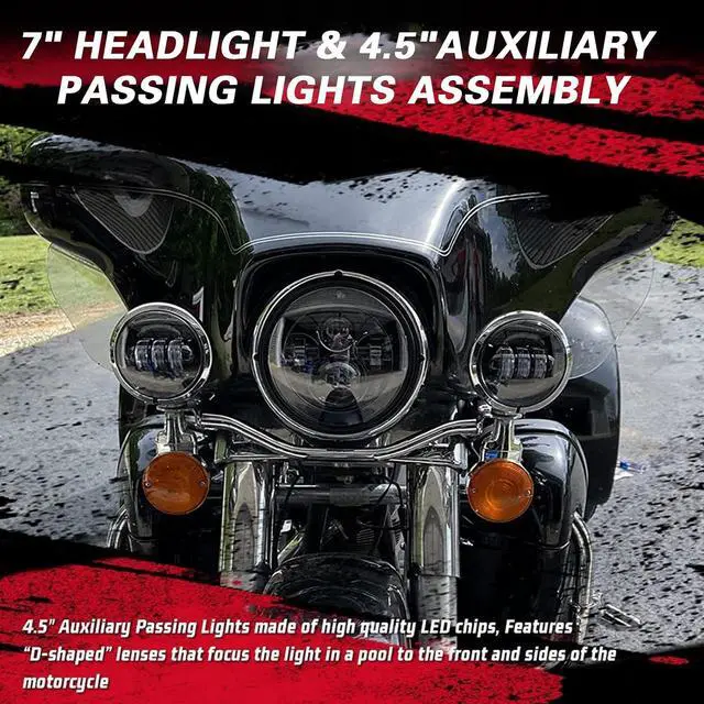 Alt view image 7 of 7 - SKTYANTS 7" Inch LED Headlight Motorcycle Projector with 4.5 Inch Passing fog lights 7" Round Bracket Mounting Ring Adapters Compatible with Road King Road Glide Street Glide Electra GlideBlack