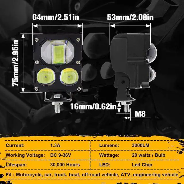 Alt view image 7 of 7 - Motorcycle Driving LED Spot Lights,80W Amber/White Exterior Fog LED Lights,3 Modes Hi-Lo Beam Kits for Cars ATV Bike UTV Truck Boat.2-Pack.