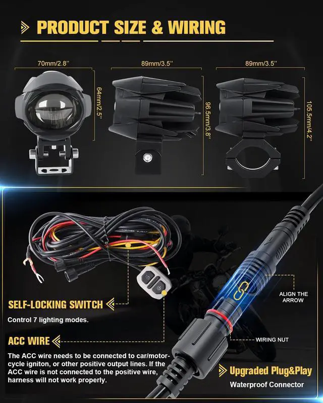 Alt view image 2 of 7 - LED Motorcycle Fog Lights 60W 18000LM Driving Auxiliary Lights 7 Modes Amber White Light Combo with Waterproof Wire Harness Kit, Universal Fit for Motorcycle SUV ATV UTV, 2PCS
