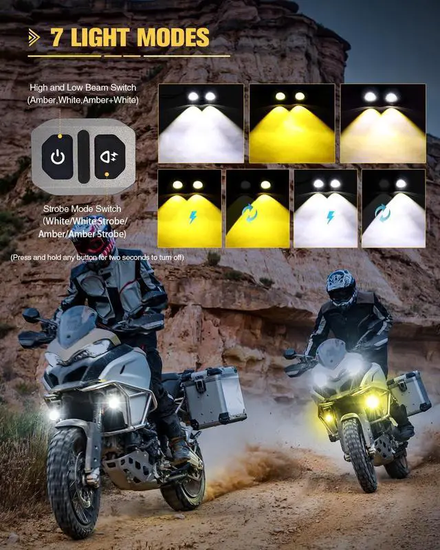 Alt view image 3 of 7 - LED Motorcycle Fog Lights 60W 18000LM Driving Auxiliary Lights 7 Modes Amber White Light Combo with Waterproof Wire Harness Kit, Universal Fit for Motorcycle SUV ATV UTV, 2PCS