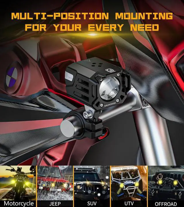 Alt view image 7 of 7 - Motorcycle Auxiliary LED Fog Light 60W Amber Spotlight Lights | Motorcycle Driving Light Kit with Amber Breathing DRL, Dual Color LED Light Pod Off-road Work Light for Motorcycle Jeep Truck