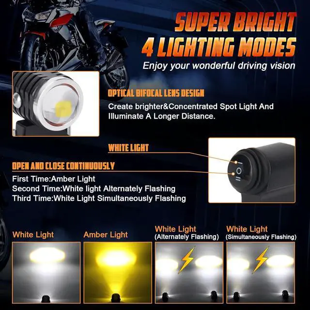 Alt view image 2 of 7 - 2PCS Motorcycle Fog Light,Amber White Super Bright LED Driving Light with Strobe Light,4 Modes 70W Waterproof LED Spotlight with Switch for 12V Motorcycle Truck Car-2 Year Warranty