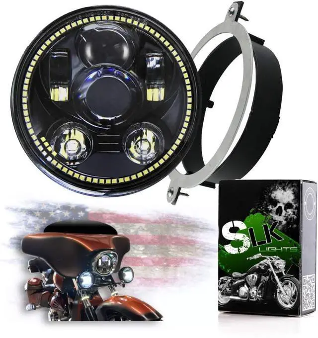 Main image of us Customs VTX 5.75 inch Chrome Round LED Projector Daymaker Headlight with Bracket and Hardware Plug and Play Motorcycle Headlight Compatible with Honda VTX 1300, VTX 1800 (Black/White Halo)