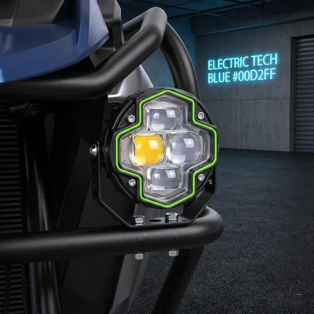 Alt view image 4 of 6 - Round Motorcycle LED Projector Lights, 4-LED Auxiliary Spot Lights, | Bright 1700LM Dual Color Driving Lamps for Motorbike Truck