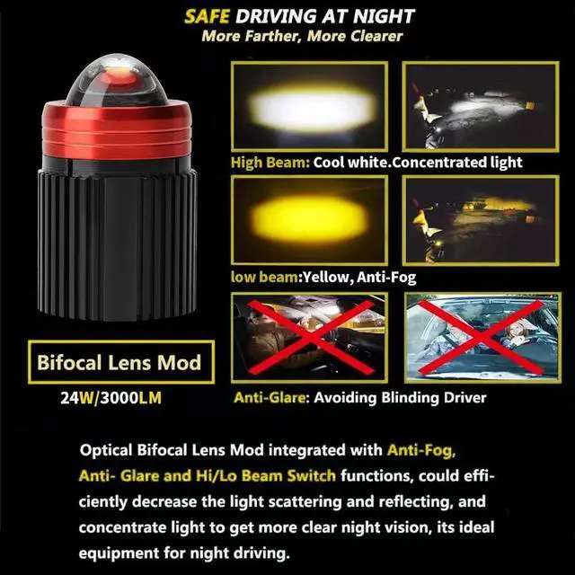 Alt view image 2 of 7 - Motorcycle Led Fog Lights 3000K Amber Yellow 6500K White Driving Light 24W 3000LM IP65 High Low Beam Avoiding Blinding Driver Spot Light DRL for Jeep Car SUV Truck ATV (Mini Fog-24W-M)