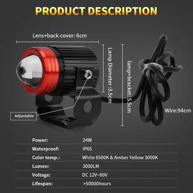 Alt view image 5 of 7 - Motorcycle Led Fog Lights 3000K Amber Yellow 6500K White Driving Light 24W 3000LM IP65 High Low Beam Avoiding Blinding Driver Spot Light DRL for Jeep Car SUV Truck ATV (Mini Fog-24W-M)
