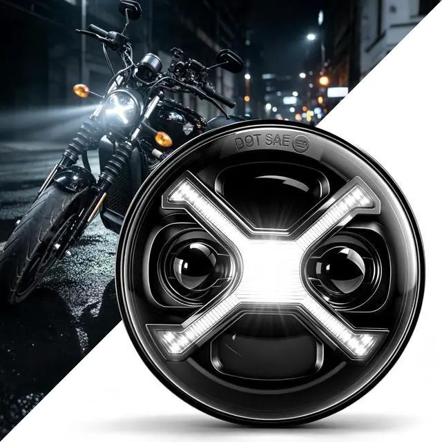 Main image of 5.75 5-3/4 LED Headlight, White X-Style DRL Motorcycle Projector Headlamp Fits Harley Sportster Iron 883, Dyna Street Bob, Indian Scout Bobber - Super Bright High Low Beam Upgrade, Plug & Play