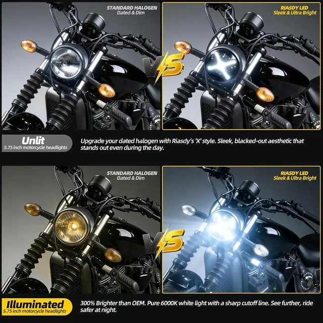 Alt view image 4 of 7 - 5.75 5-3/4 LED Headlight, White X-Style DRL Motorcycle Projector Headlamp Fits Harley Sportster Iron 883, Dyna Street Bob, Indian Scout Bobber - Super Bright High Low Beam Upgrade, Plug & Play