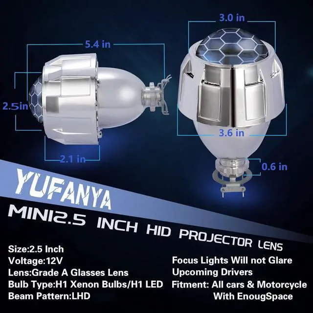 Alt view image 3 of 6 - 2.5 Inch Honeycomb Bixenon Projector Lens with Sliver Chrome Shrouds,High/Low Beam Function Mini H1 Fit for H1 H4 H7 Car Motorcycle Retrofit