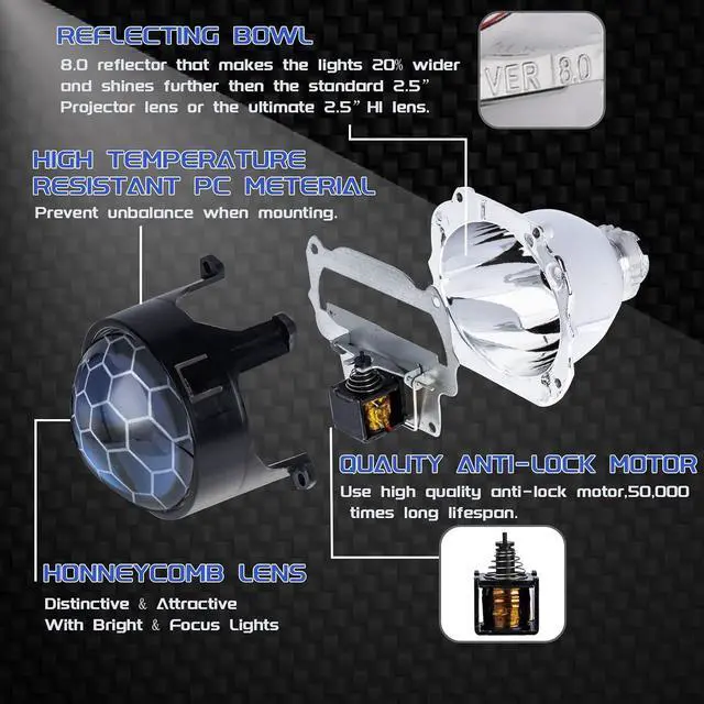 Alt view image 2 of 6 - 2.5 Inch Honeycomb Bixenon Projector Lens with Sliver Chrome Shrouds,High/Low Beam Function Mini H1 Fit for H1 H4 H7 Car Motorcycle Retrofit