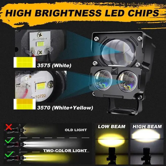 Alt view image 4 of 7 - Motorcycle Driving LED Spot Lights,80W Amber/White Exterior Fog LED Lights,3 Modes Hi-Lo Beam Kits for Cars ATV Bike UTV Truck Boat.2-Pack.