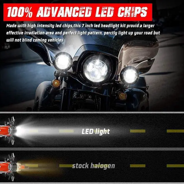 Alt view image 3 of 6 - 7 Inch Classic 4-Projector LED Motorcycle Headlight, Chrome Round Headlamp Compatible with Harley Davidson Street Glide Road King Electra Glide Ultra Limited Fat Boy Heritage Softail