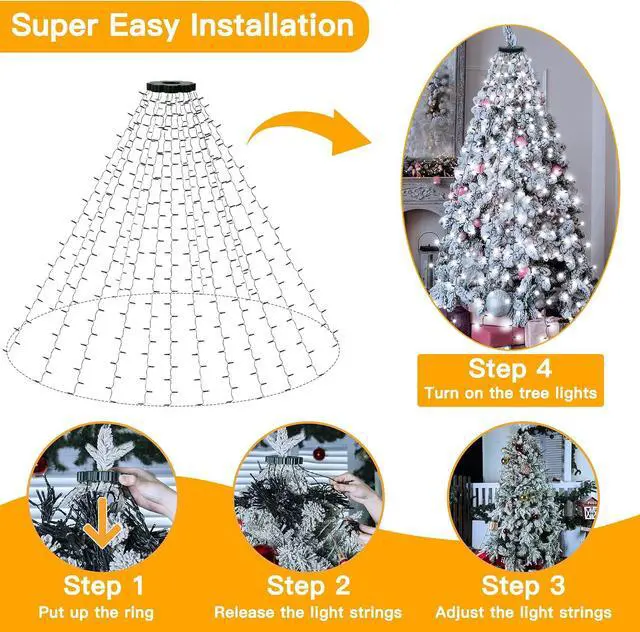 Alt view image 2 of 7 - Christmas Tree Lights 8.2ft*16 Strings with Ring, 8 Lighting Modes 3 Timers Dimmable Christmas Lights Indoor/Outdoor with Remote, Waterproof for Xmas Decor (Cool White)