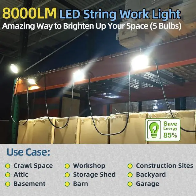 Alt view image 2 of 7 - 50FT Led Work Light 85W 8000LM Waterproof Construction String Lights Linkable Temporary Work Lighting Outdoor Indoor Worklight (5 Light Heads)