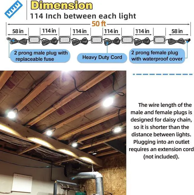 Alt view image 3 of 7 - 50FT Led Work Light 85W 8000LM Waterproof Construction String Lights Linkable Temporary Work Lighting Outdoor Indoor Worklight (5 Light Heads)