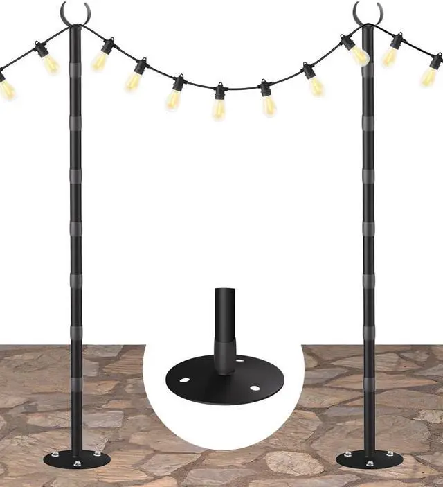 Main image of 10Ft String Light Poles for Hard Surfaces, Outdoor Light Stand for Backyard, Garden & Patio Party Lighting, Heavy-Duty Metal Poles with Waterproof Finish, Rustproof & Adjustable, 2 Pack