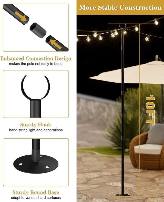 Alt view image 2 of 7 - 10Ft String Light Poles for Hard Surfaces, Outdoor Light Stand for Backyard, Garden & Patio Party Lighting, Heavy-Duty Metal Poles with Waterproof Finish, Rustproof & Adjustable, 2 Pack