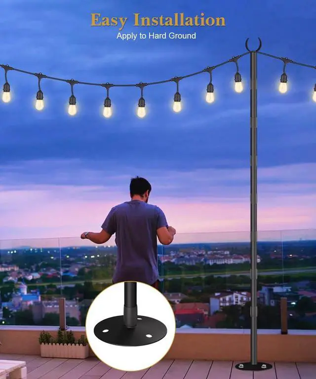 Alt view image 4 of 7 - 10Ft String Light Poles for Hard Surfaces, Outdoor Light Stand for Backyard, Garden & Patio Party Lighting, Heavy-Duty Metal Poles with Waterproof Finish, Rustproof & Adjustable, 2 Pack