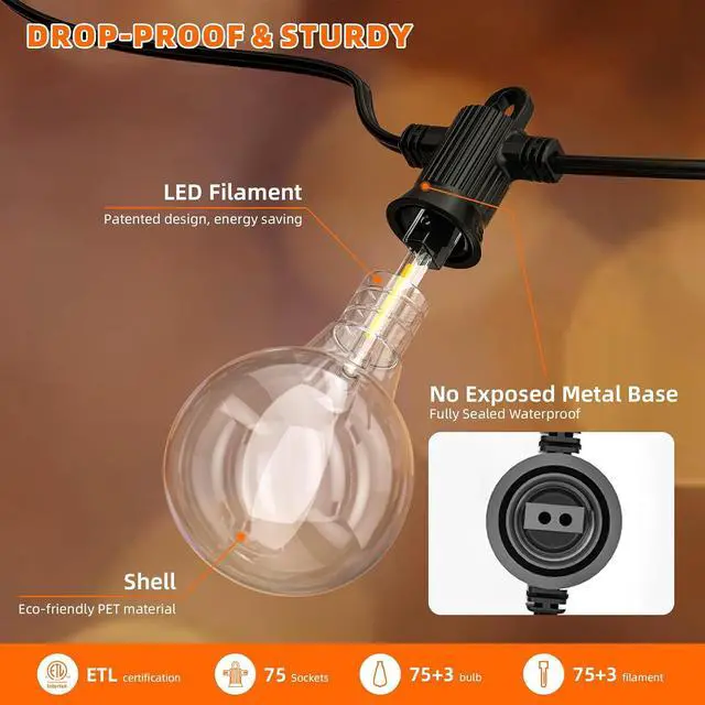 Alt view image 5 of 7 - String Lights for Outside,150FT LED Outdoor String Lights Waterproof Patio Lights with 72+3 Shatterproof Edison Globe Bulbs, Connectable Hanging Lights for Balcony Bistro Backyard Porch