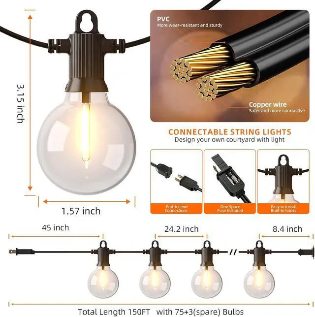 Alt view image 6 of 7 - String Lights for Outside,150FT LED Outdoor String Lights Waterproof Patio Lights with 72+3 Shatterproof Edison Globe Bulbs, Connectable Hanging Lights for Balcony Bistro Backyard Porch