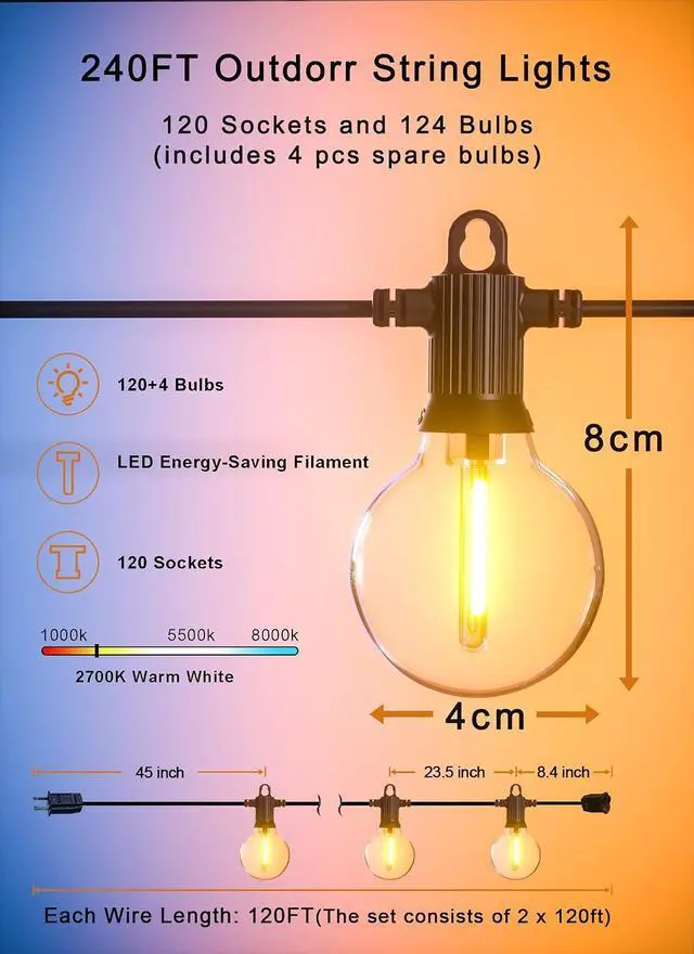 Alt view image 5 of 7 - Outdoor String Lights, 240FT Patio Lights with 124 Shatterproof G40 Globe Bulb(4 Spare), Waterproof Connectable Dimmable LED Hanging Lights for Outside Backyard Porch Balcony Gazebo (120FTx2)
