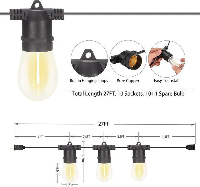 Alt view image 2 of 6 - 2 Pack x 27Ft Outdoor String Lights, S14 LED, IP65 Waterproof, Connectable, Warm White, for Patio, Edison Vintage, 918Ft Maximum, Shatterproof