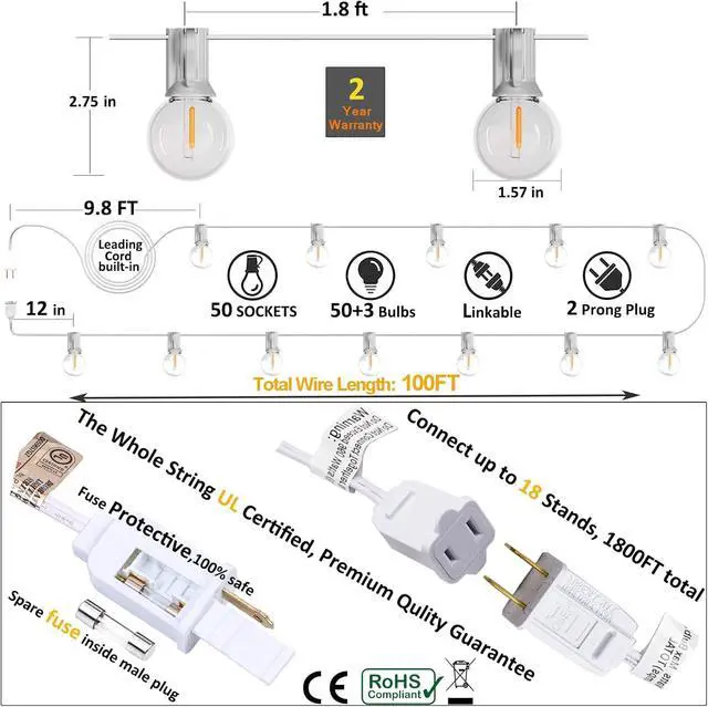 Alt view image 2 of 7 - Outdoor String Lights Waterproof Patio LED 100FT G40 Globe String Lights with 53 Shatterproof Clear Bulbs(3 Extra) for Indoor/Outdoor Wedding Pergola Gazebo White String Lights