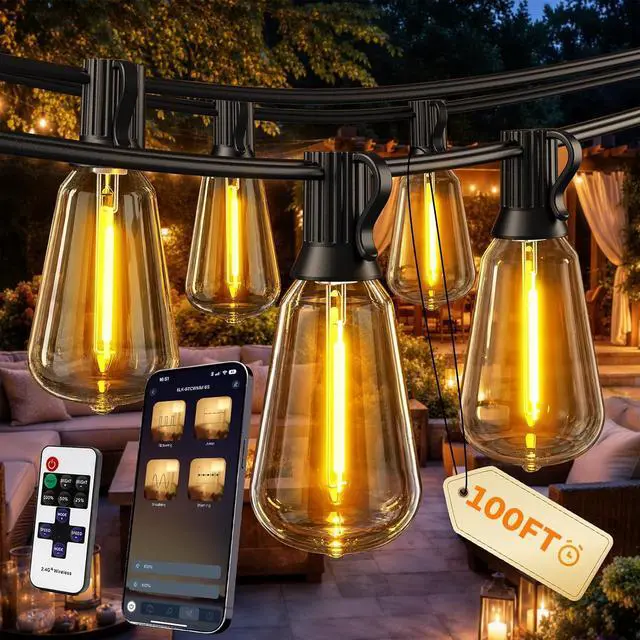 Main image of Outdoor String Lights, 100 FT Patio Lights for Outside | Smart App & Remote Control with Timer, Dimmable with 4 Scene Modes, Warm White Waterproof LED Bulbs for Garden, Yard Decor