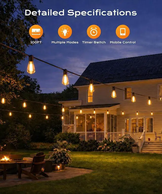 Alt view image 2 of 7 - Outdoor String Lights, 100 FT Patio Lights for Outside | Smart App & Remote Control with Timer, Dimmable with 4 Scene Modes, Warm White Waterproof LED Bulbs for Garden, Yard Decor