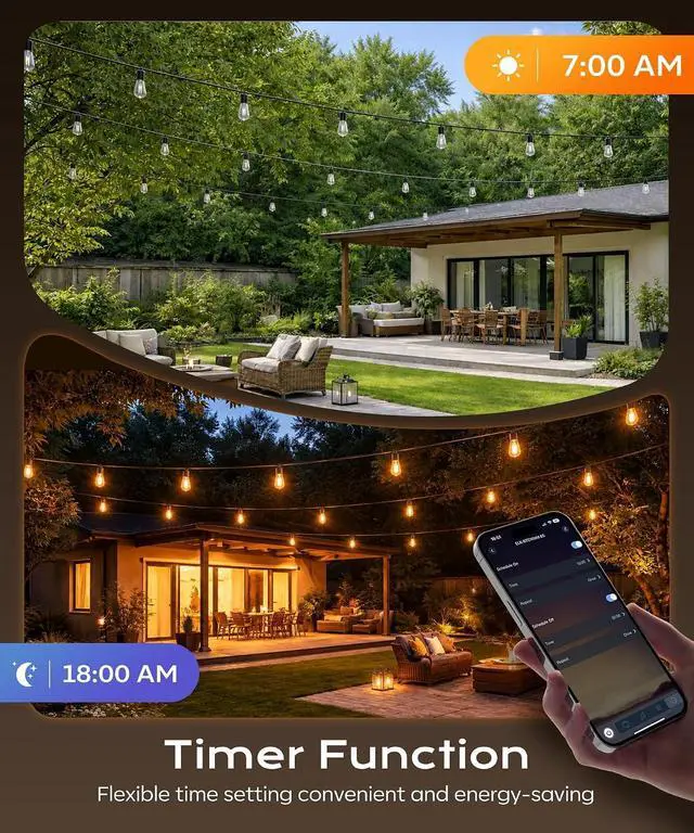 Alt view image 4 of 7 - Outdoor String Lights, 100 FT Patio Lights for Outside | Smart App & Remote Control with Timer, Dimmable with 4 Scene Modes, Warm White Waterproof LED Bulbs for Garden, Yard Decor