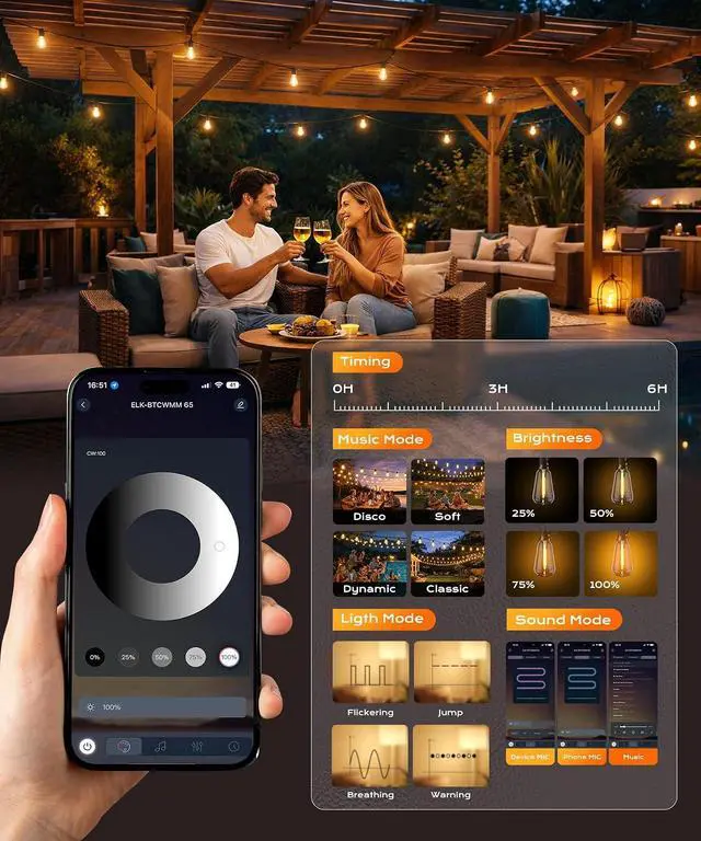 Alt view image 3 of 7 - Outdoor String Lights, 100 FT Patio Lights for Outside | Smart App & Remote Control with Timer, Dimmable with 4 Scene Modes, Warm White Waterproof LED Bulbs for Garden, Yard Decor