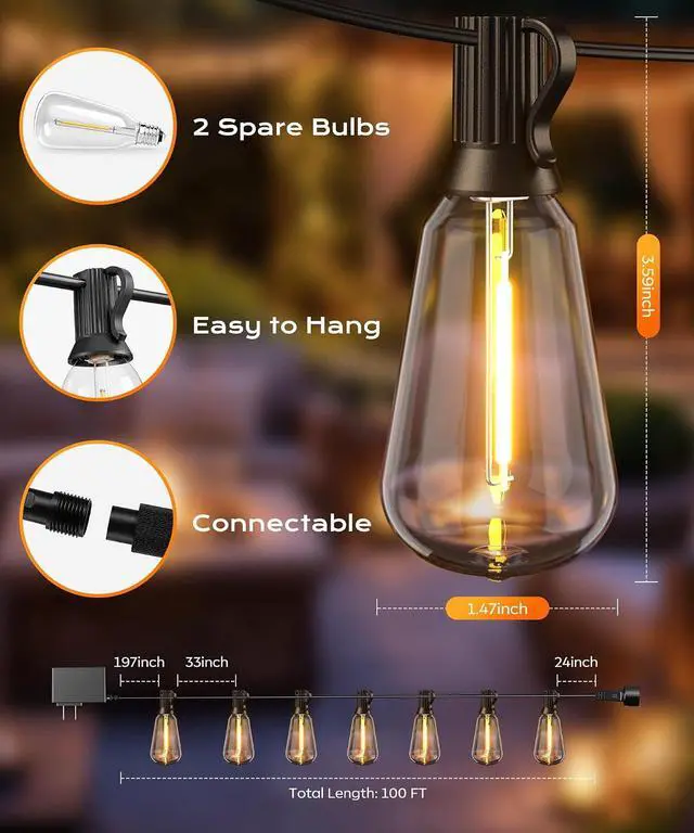 Alt view image 7 of 7 - Outdoor String Lights, 100 FT Patio Lights for Outside | Smart App & Remote Control with Timer, Dimmable with 4 Scene Modes, Warm White Waterproof LED Bulbs for Garden, Yard Decor