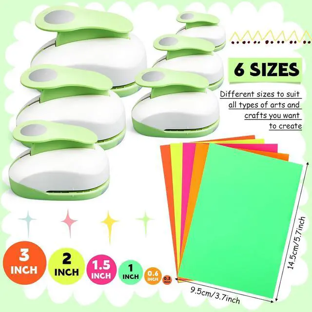 Alt view image 2 of 7 - 6 Pcs Circle Punch Set 3in/2in/1.5in/1in/0.6in/0.3in Scrapbook Hole Punchers Crafting with 10 Sticker Paper Round Cutter Scrapbook for Office Supplies DIY Albums Photos(Green)