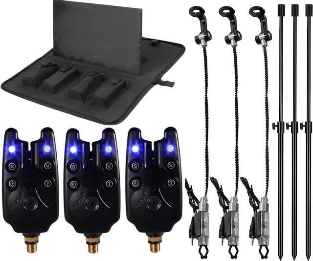 Main image of Fishing Bite Alarm & Bankstick Set - Includes 3 LED Alarms, 3 Swinger Indicators, 3 Telescopic Rod Holders & Waterproof Carry Bag for Carp Fishing Gear