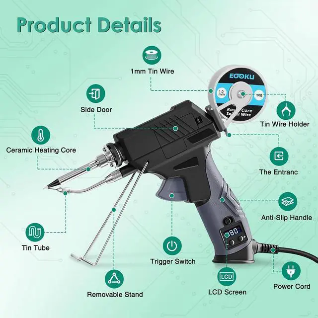 Alt view image 7 of 7 - Soldering Iron gun Kit,60W Auto Feed Soldering Kit with Adjustable Temperature LCD Display,Wire,Tip Cleaner Kit,5Tips,Pump for Electronic PCB Repair,DIY