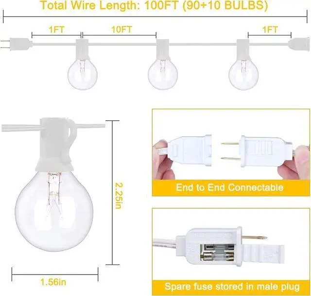 Alt view image 2 of 7 - 100Ft G40 Outdoor String Lights Patio Lights with 100 Edison Globe Bulbs, Connectable Outdoor String Lights Waterproof UL Listed for Indoor Porch Party Wedding Deck Balcony Wedding Party Decor- White