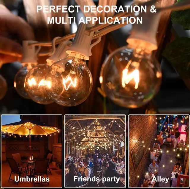Alt view image 4 of 7 - 100Ft G40 Outdoor String Lights Patio Lights with 100 Edison Globe Bulbs, Connectable Outdoor String Lights Waterproof UL Listed for Indoor Porch Party Wedding Deck Balcony Wedding Party Decor- White