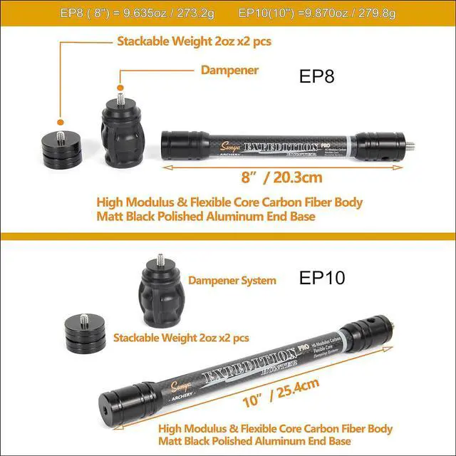 Alt view image 4 of 7 - Archery Bow Stabilizer for Compound Bow, Carbon Fiber Body Flexible Core, Damping System and Weights Kit, 8",10",12" 15" in Expedition Series