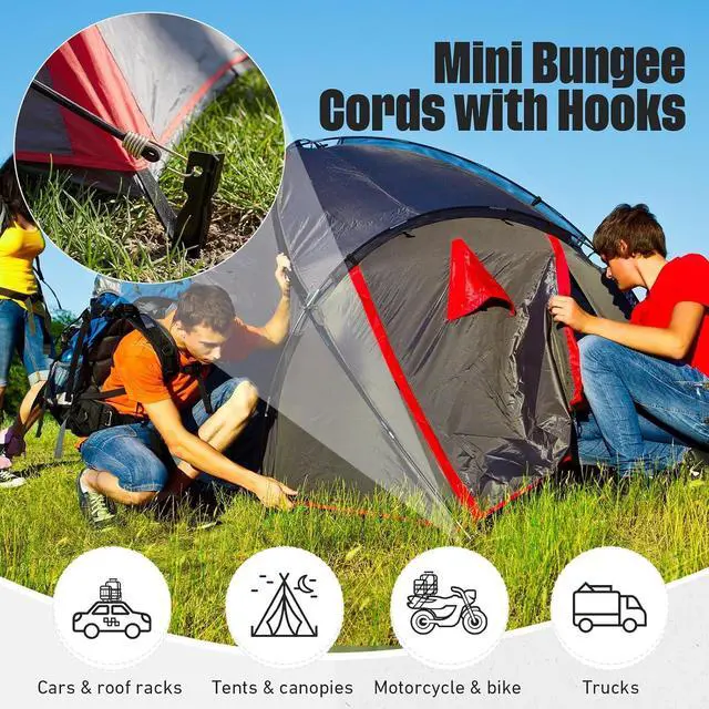Alt view image 5 of 7 - 100 Pcs Mini Bungee Cords with Hooks Small Heavy Duty Bungee Cords Short Elastic Straps for Outdoor Luggage Bikes Camping Tools Tarp Cargo Motorcycle (24 Inch,Black)