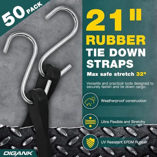 Alt view image 2 of 7 - Bungee Cords with Hooks 21" 50 Pack, Heavy Duty Rubber Tarp Straps S Hooks | Securing Cargo, Tarps in Extreme Weather, Max Stretch 1.5X & Max Load Capacity 185 LBS
