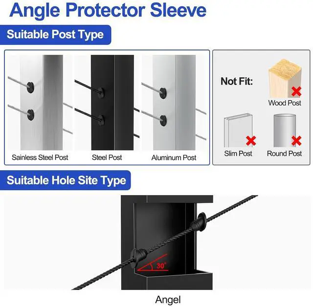 Alt view image 2 of 7 - 100 Pack 30 Degree Replaceable Cable Railing Rubber Grommets for 1/8" 5/32" 3/16" Cables for Metal Cable Railing Posts, Cable Railing Kit Protector Sleeve Grommet, Cable Protective Sleeves, BCR30